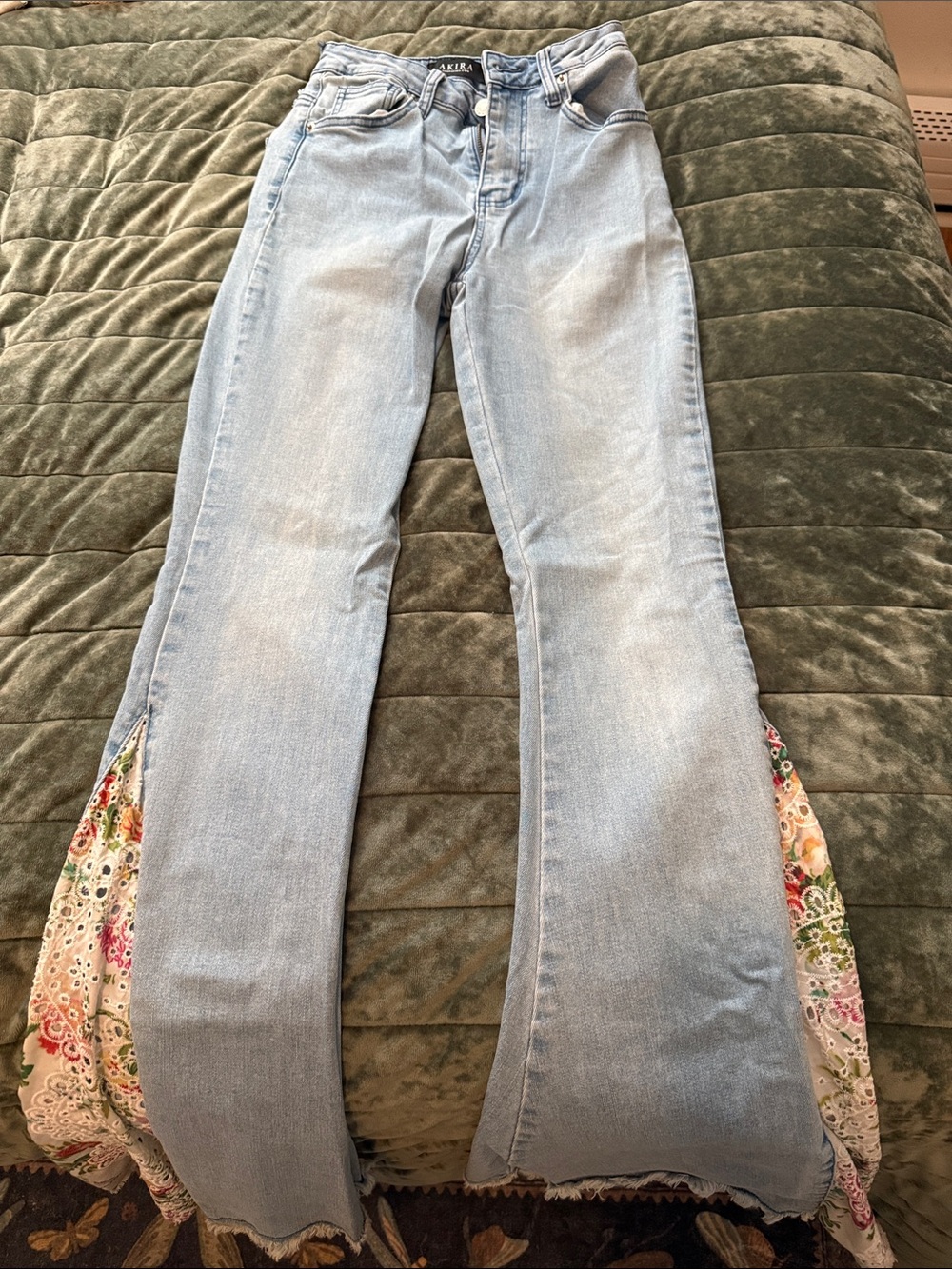 AKIRA Light Blue Flare Jeans with Floral Inset
